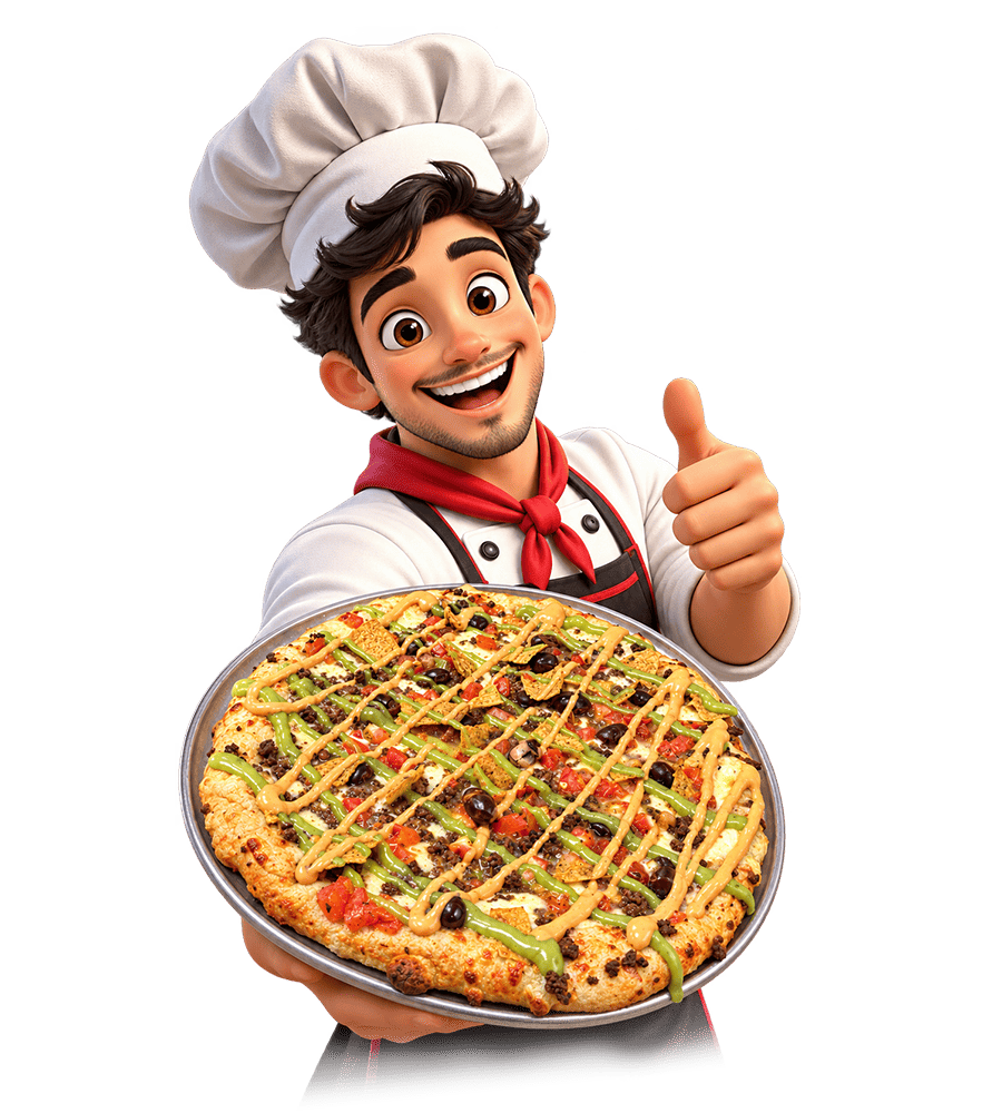 Chef de Family's Pizzas presentando una pizza